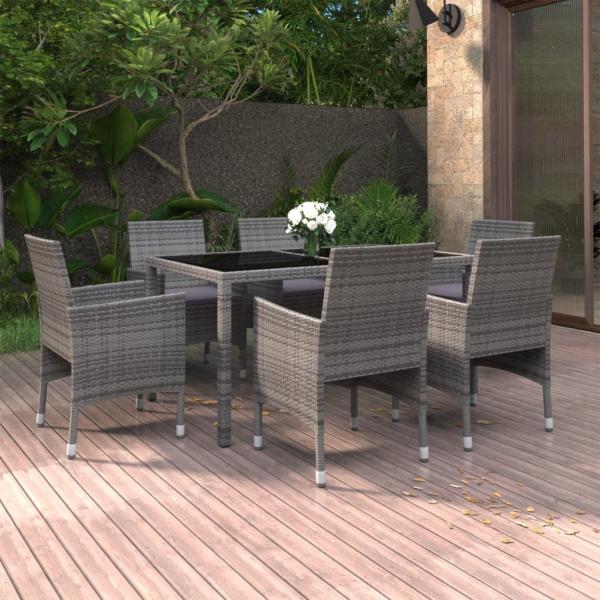 ARDEBO.de - 7-tlg. Garten-Essgruppe Poly Rattan und Hartglas Grau