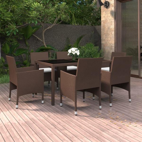 ARDEBO.de - 7-tlg. Garten-Essgruppe Poly Rattan und Hartglas Braun
