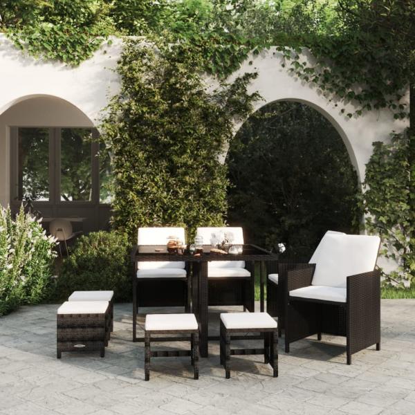 ARDEBO.de - 9-tlg. Garten-Essgruppe mit Kissen Poly Rattan Schwarz