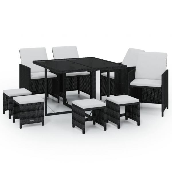 9-tlg. Garten-Essgruppe mit Kissen Poly Rattan Schwarz