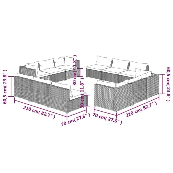 12-tlg. Garten-Lounge-Set mit Kissen Poly Rattan Grau