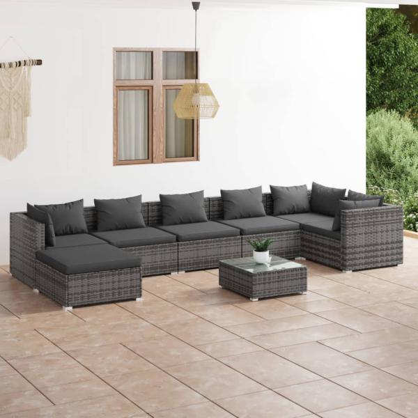 ARDEBO.de - 8-tlg. Garten-Lounge-Set mit Kissen Poly Rattan Grau