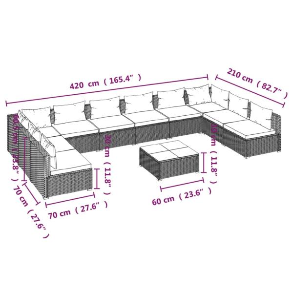 11-tlg. Garten-Lounge-Set mit Kissen Poly Rattan Braun