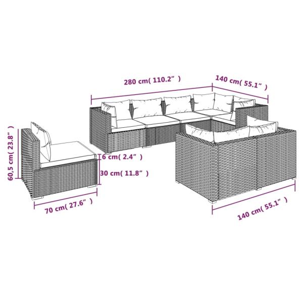8-tlg. Garten-Lounge-Set mit Kissen Poly Rattan Grau