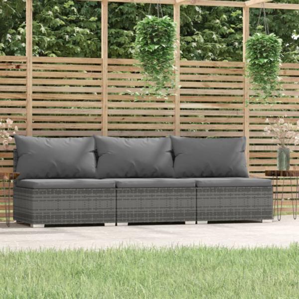 ARDEBO.de - 3-Sitzer-Sofa mit Kissen Grau Poly Rattan