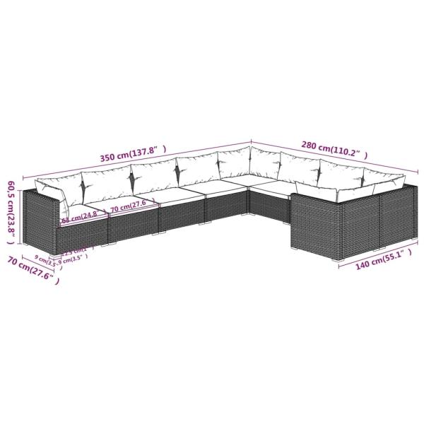 9-tlg. Garten-Lounge-Set mit Kissen Poly Rattan Grau