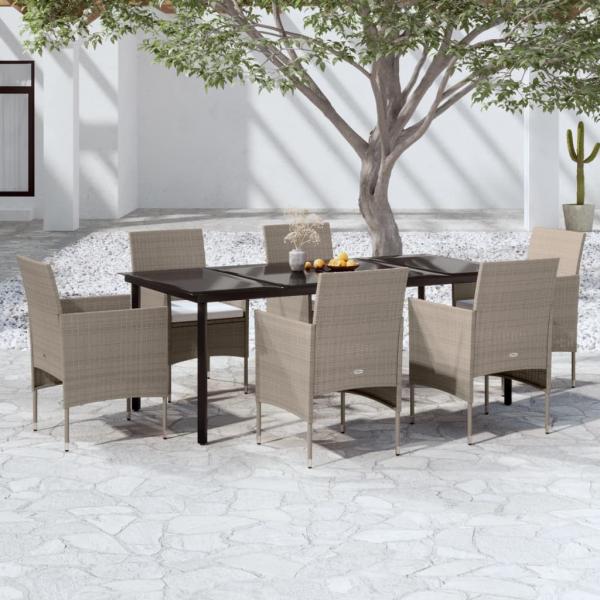 ARDEBO.de - 7-tlg. Garten-Essgruppe mit Kissen Beige und Schwarz