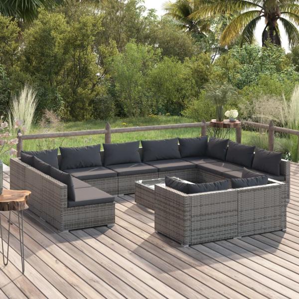 ARDEBO.de - 12-tlg. Garten-Lounge-Set mit Kissen Grau Poly Rattan