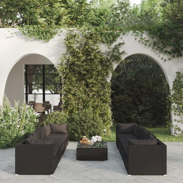 ARDEBO.de - 9-tlg. Garten-Lounge-Set mit Kissen Poly Rattan Schwarz