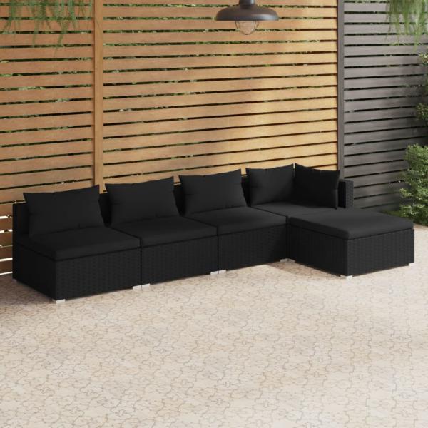 ARDEBO.de - 5-tlg. Garten-Lounge-Set mit Kissen Poly Rattan Schwarz