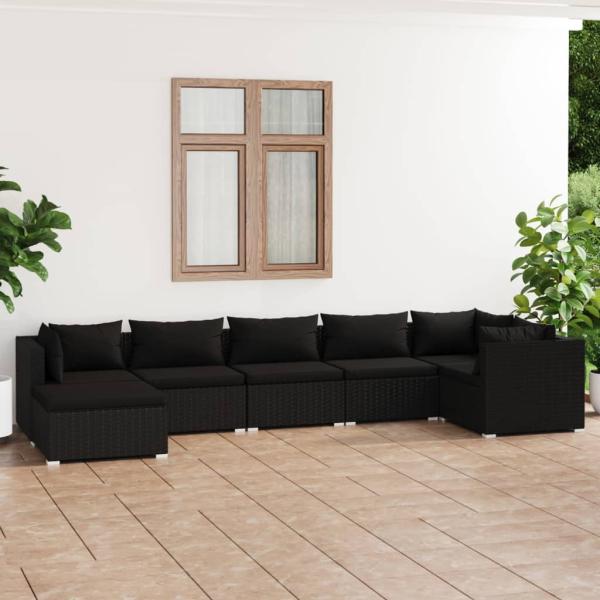 ARDEBO.de - 7-tlg. Garten-Lounge-Set mit Kissen Poly Rattan Schwarz
