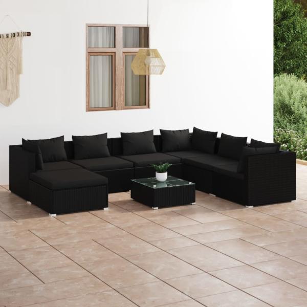 ARDEBO.de - 8-tlg. Garten-Lounge-Set mit Kissen Poly Rattan Schwarz