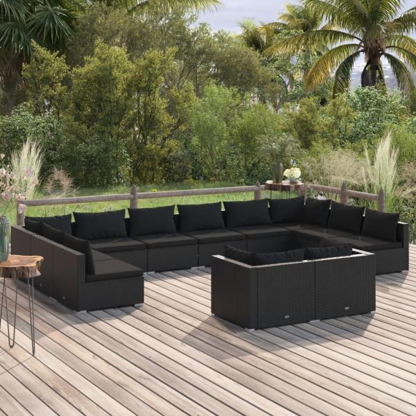 ARDEBO.de - 12-tlg. Garten-Lounge-Set mit Kissen Schwarz Poly Rattan
