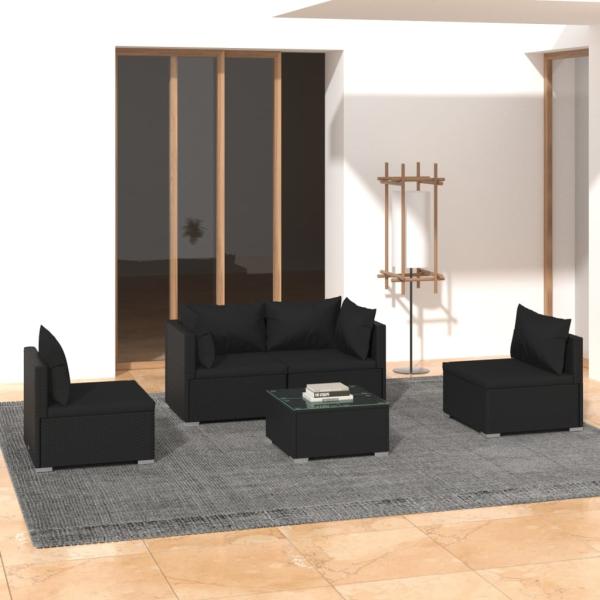 ARDEBO.de - 5-tlg. Garten-Lounge-Set mit Kissen Poly Rattan Schwarz