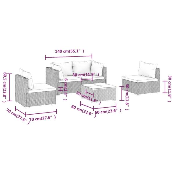 5-tlg. Garten-Lounge-Set mit Kissen Poly Rattan Schwarz