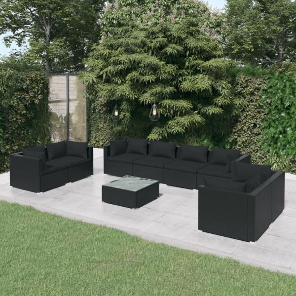 ARDEBO.de - 9-tlg. Garten-Lounge-Set mit Kissen Poly Rattan Schwarz