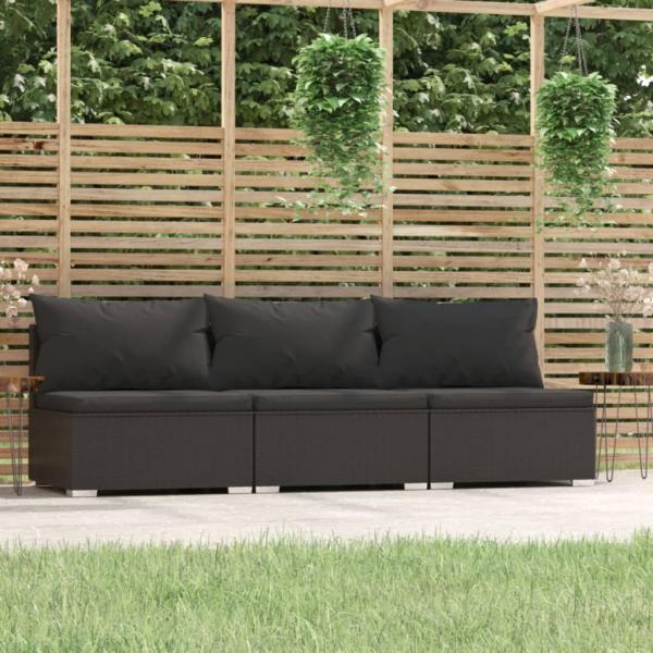 ARDEBO.de - 3-Sitzer-Sofa mit Kissen Schwarz Poly Rattan