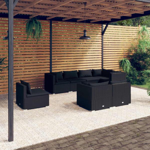 ARDEBO.de - 8-tlg. Garten-Lounge-Set mit Kissen Poly Rattan Schwarz
