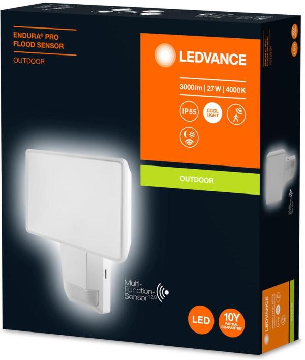 LEDVANCE Sensor Strahler ENDURA PRO FLOOD SENSOR 27W 840 IP55 WT, 3000lm, 4000K, weiß (4058075228825)
