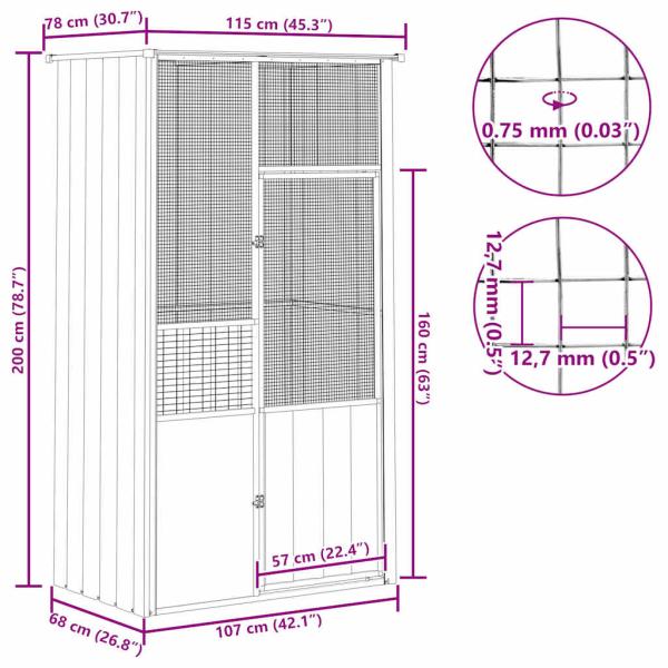 Voliere Grau 115x78x200 cm Verzinkter Stahl