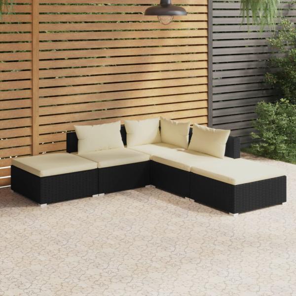 ARDEBO.de - 5-tlg. Garten-Lounge-Set mit Kissen Poly Rattan Schwarz