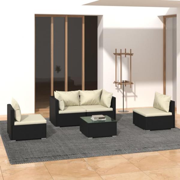 ARDEBO.de - 5-tlg. Garten-Lounge-Set mit Kissen Poly Rattan Schwarz
