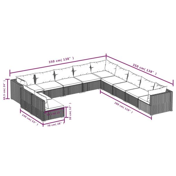 11-tlg. Garten-Lounge-Set mit Kissen Schwarz Poly Rattan