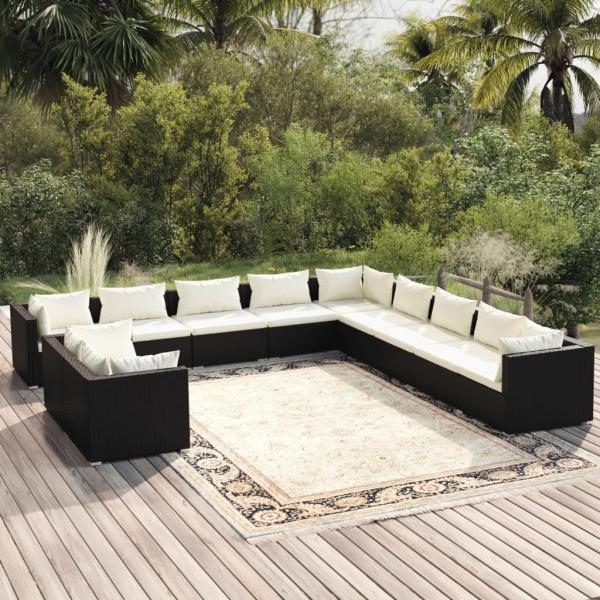 ARDEBO.de - 11-tlg. Garten-Lounge-Set mit Kissen Schwarz Poly Rattan