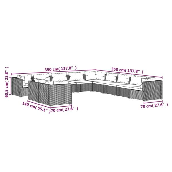 11-tlg. Garten-Lounge-Set mit Kissen Schwarz Poly Rattan