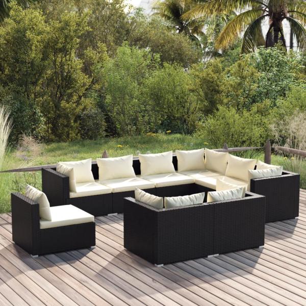 ARDEBO.de - 9-tlg. Garten-Lounge-Set mit Kissen Poly Rattan Schwarz