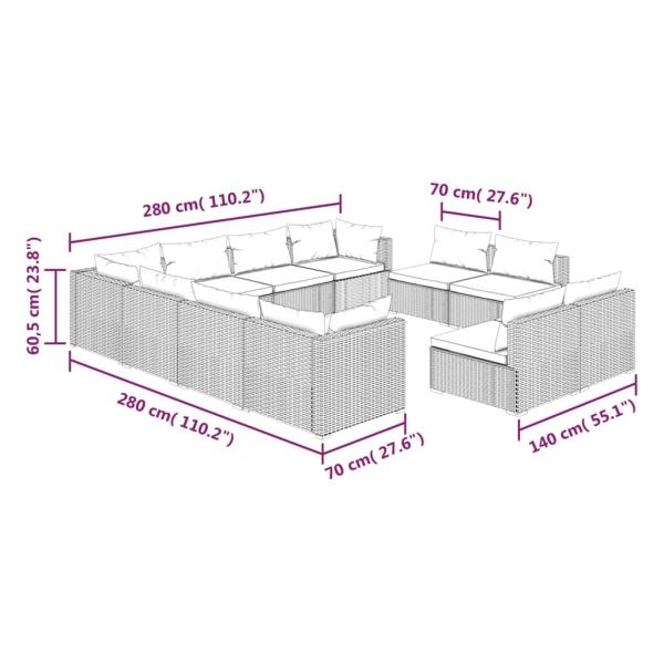 11-tlg. Garten-Lounge-Set mit Kissen Schwarz Poly Rattan