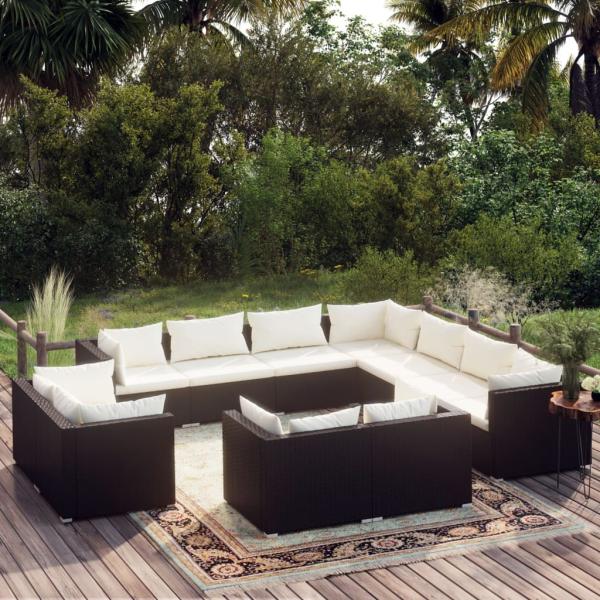 ARDEBO.de - 11-tlg. Garten-Lounge-Set mit Kissen Schwarz Poly Rattan