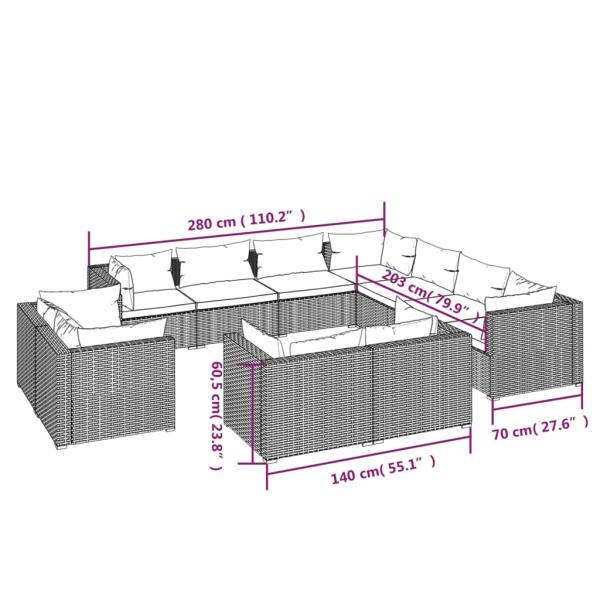 11-tlg. Garten-Lounge-Set mit Kissen Schwarz Poly Rattan