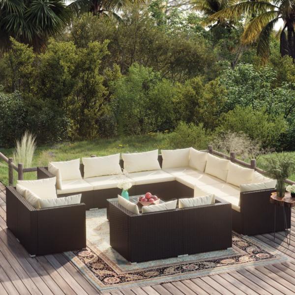 ARDEBO.de - 12-tlg. Garten-Lounge-Set mit Kissen Schwarz Poly Rattan