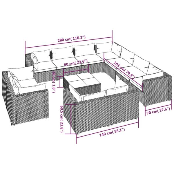 12-tlg. Garten-Lounge-Set mit Kissen Schwarz Poly Rattan