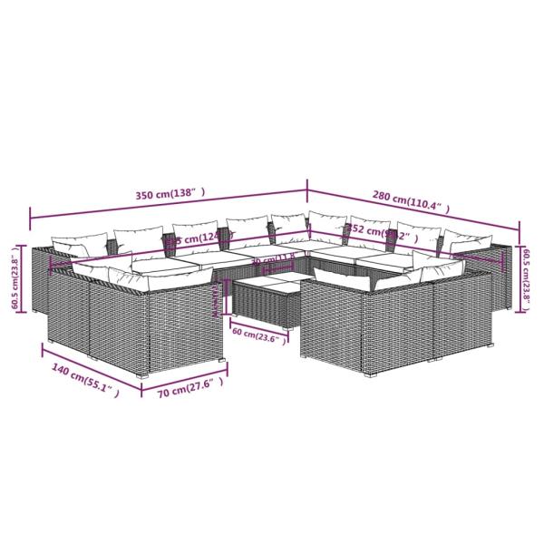 13-tlg. Garten-Lounge-Set mit Kissen Schwarz Poly Rattan