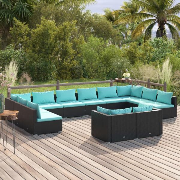 ARDEBO.de - 12-tlg. Garten-Lounge-Set mit Kissen Schwarz Poly Rattan