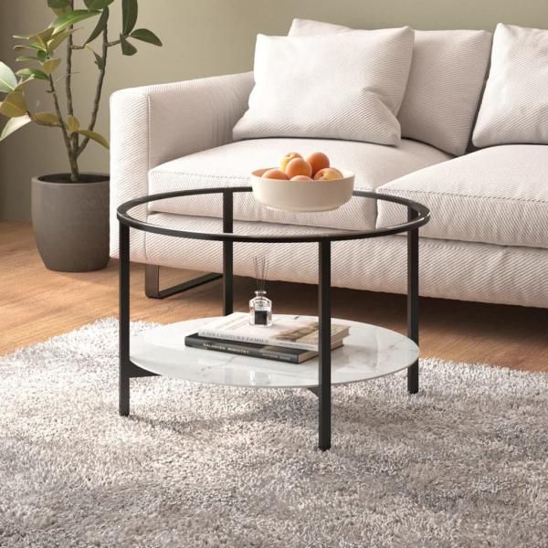 ARDEBO.de - Beistelltisch Schwarz und Weiße Marmor-Optik 70 cm Hartglas