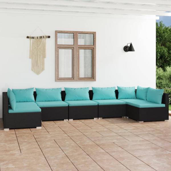 ARDEBO.de - 7-tlg. Garten-Lounge-Set mit Kissen Poly Rattan Schwarz