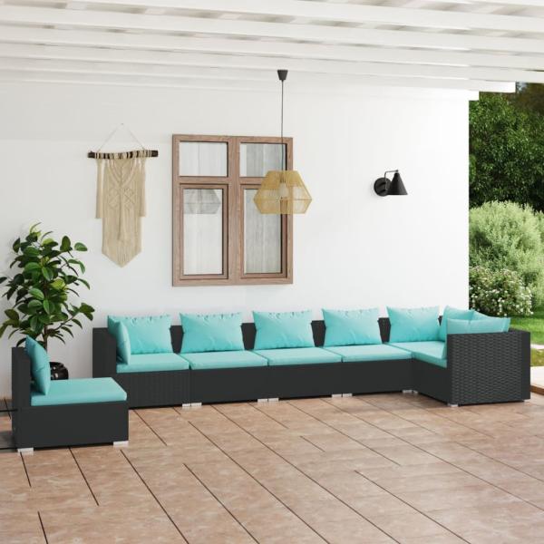 ARDEBO.de - 7-tlg. Garten-Lounge-Set mit Kissen Poly Rattan Schwarz