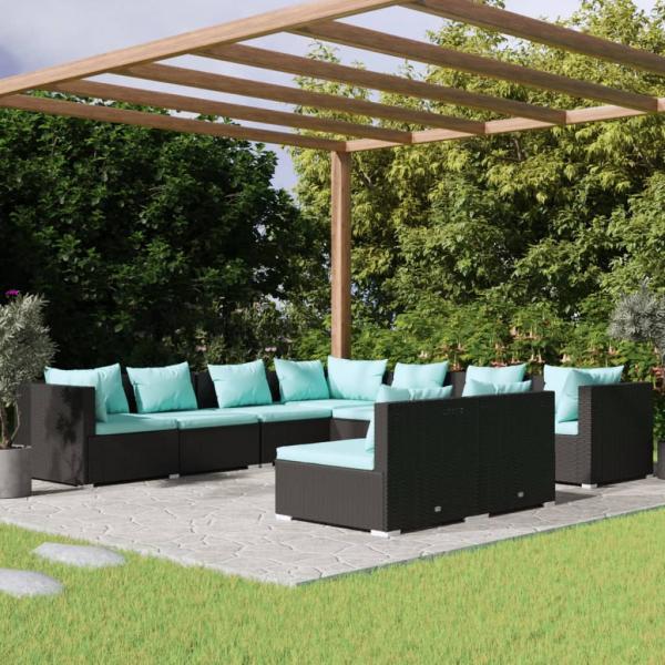 ARDEBO.de - 9-tlg. Garten-Lounge-Set mit Kissen Schwarz Poly Rattan