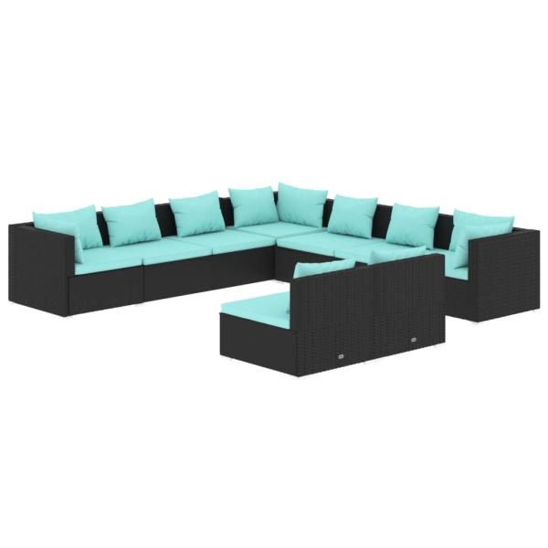 9-tlg. Garten-Lounge-Set mit Kissen Schwarz Poly Rattan