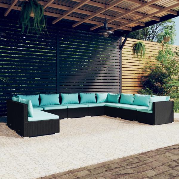 ARDEBO.de - 10-tlg. Garten-Lounge-Set mit Kissen Schwarz Poly Rattan