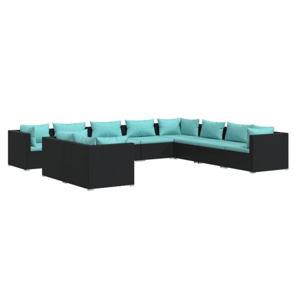 10-tlg. Garten-Lounge-Set mit Kissen Schwarz Poly Rattan