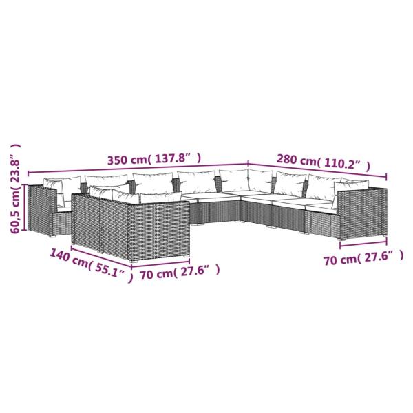 10-tlg. Garten-Lounge-Set mit Kissen Schwarz Poly Rattan