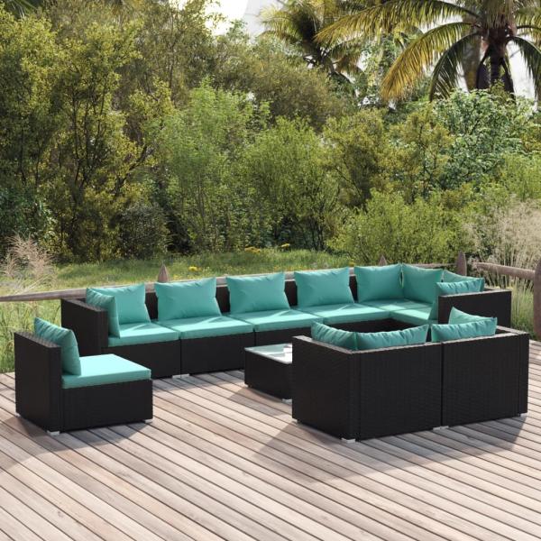 ARDEBO.de - 10-tlg. Garten-Lounge-Set mit Kissen Poly Rattan Schwarz