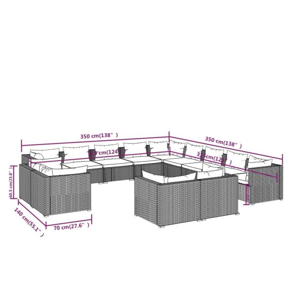 13-tlg. Garten-Lounge-Set mit Kissen Schwarz Poly Rattan