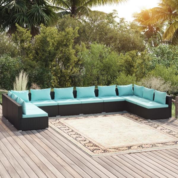 ARDEBO.de - 10-tlg. Garten-Lounge-Set mit Kissen Poly Rattan Schwarz