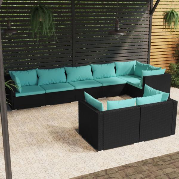 ARDEBO.de - 8-tlg. Garten-Lounge-Set mit Kissen Schwarz Poly Rattan