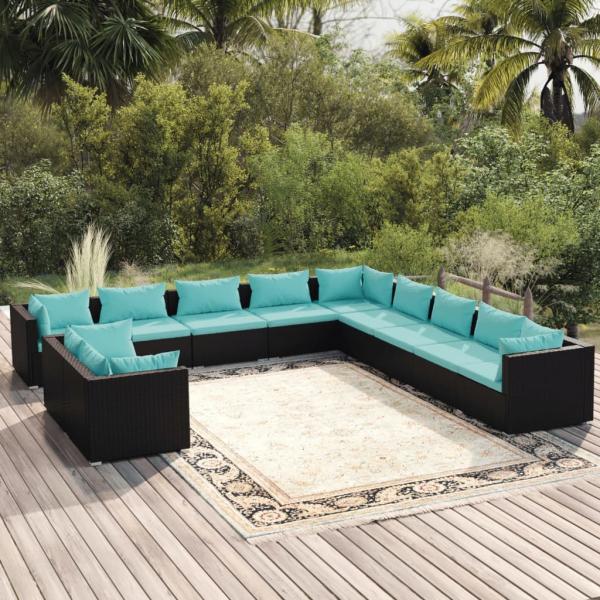 ARDEBO.de - 11-tlg. Garten-Lounge-Set mit Kissen Schwarz Poly Rattan
